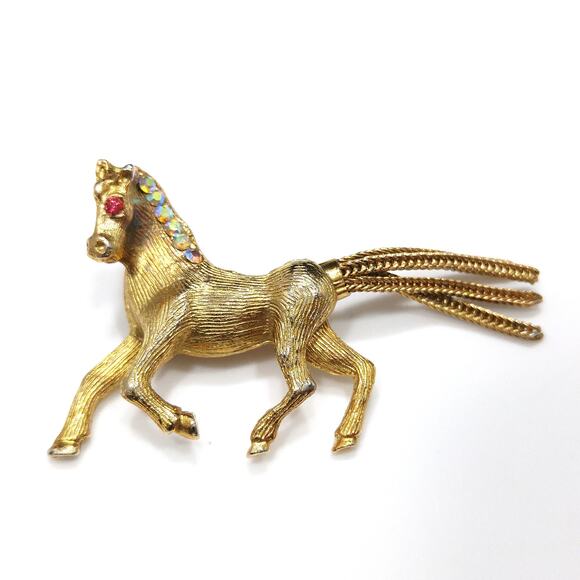 Vintage Horse Brooch, AB Rhinestones, Mesh Tassel Tail, 1960s Jewelry - Picture 4 of 10